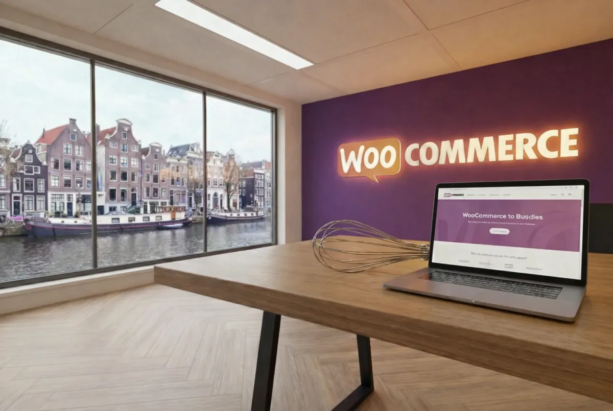 Werkplek van een WooCommerce specialist met branding aan de muur en dashboard op de laptop.