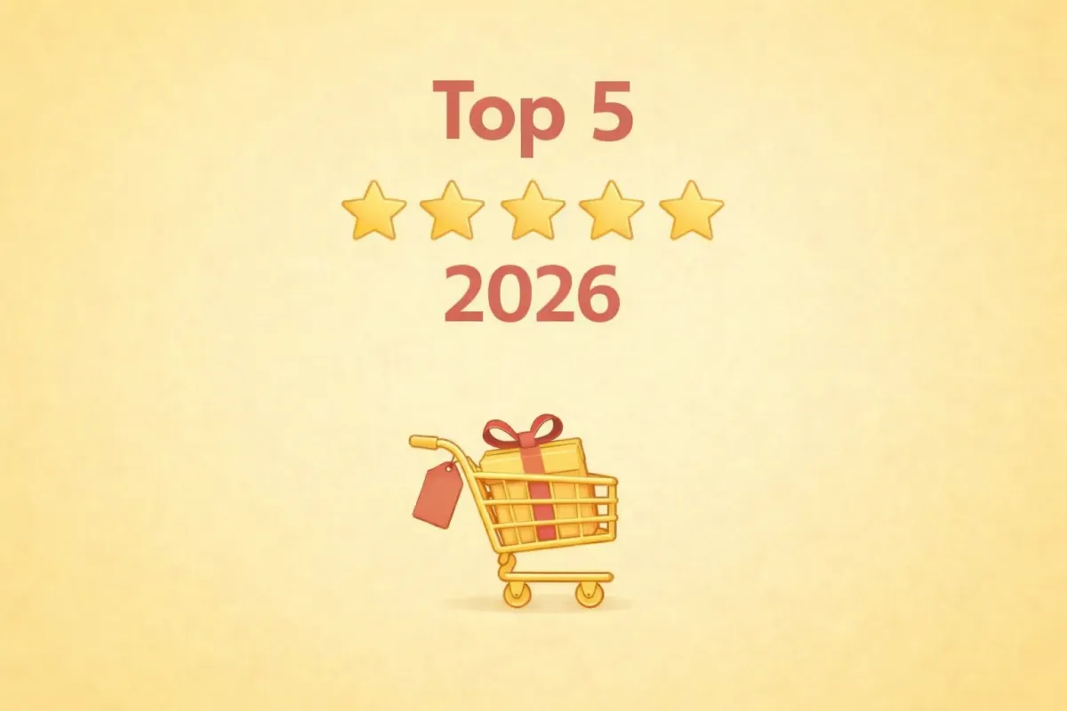 Illustratie met de top 5 e-commerce platformen in 2026, met een winkelwagen and 5 sterren beoordeling.