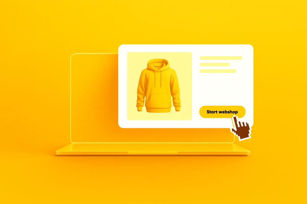 Illustratie van laptop in het geel met knop 'start webshop'