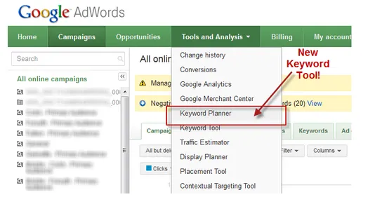 De originele Google Keyword Planner interface uit juni 2013