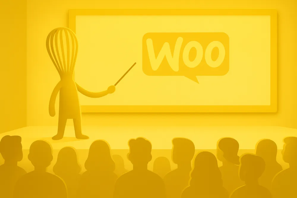Gele opklopper dat wijst op podium naar een woocommerce logo