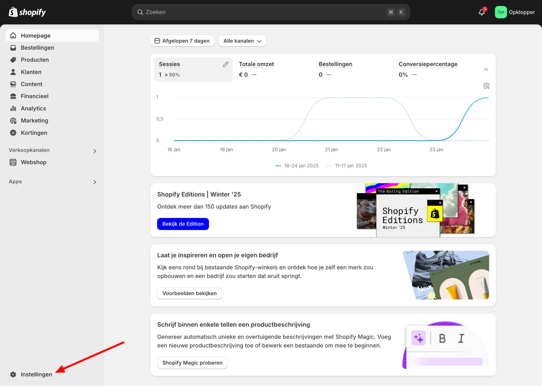 Shopify dashboard instellingen locatie