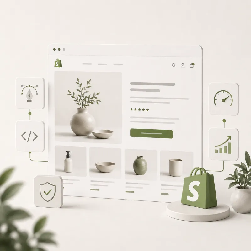 3D-visualisatie van een modern Shopify webshop design met iconen voor snelheid, schone code, enterprise security en e-commerce groei.