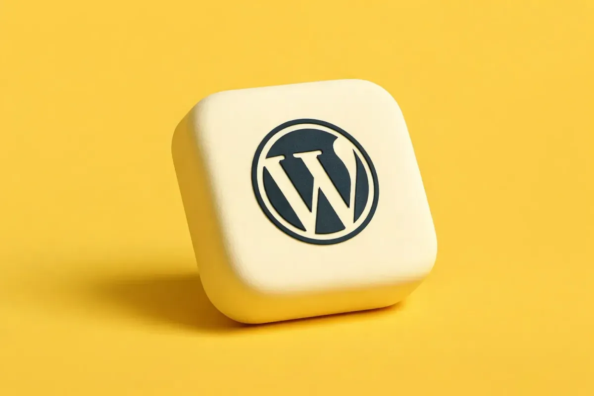 WordPress logo op wit 3d blokje op gele achtergrond
