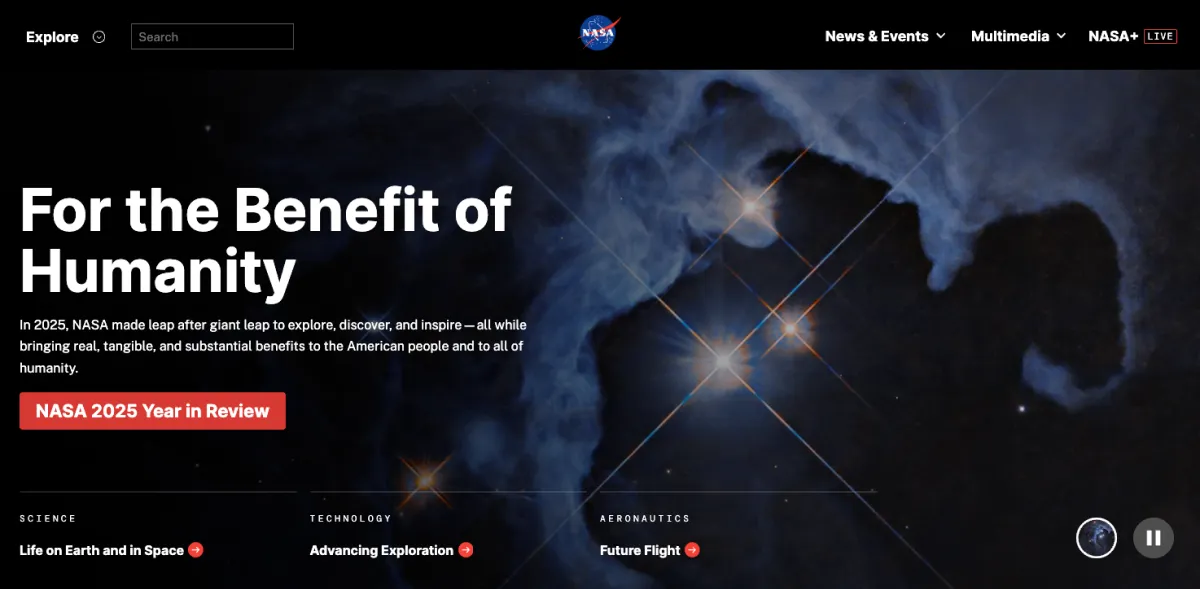 Voorbeeld van WordPress website NASA homepage screenshot 2026