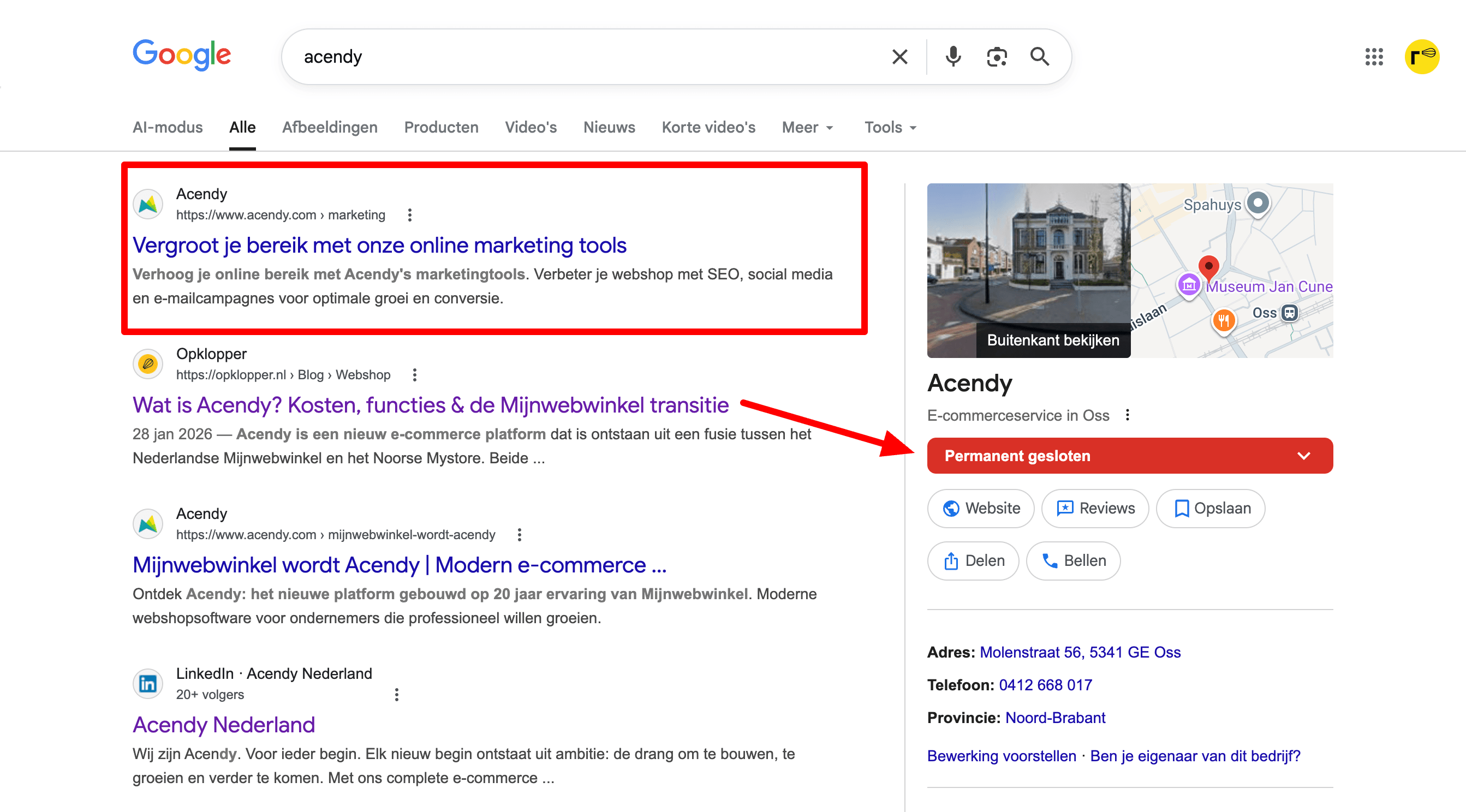 Google zoekresultaat Acendy hoofdkantoor in Nederland permanent gesloten