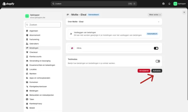Betaalmethode definitief activeren in Shopify