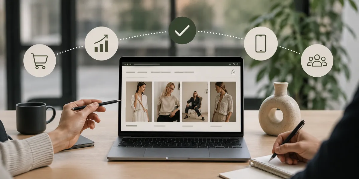 Een strategische bespreking op kantoor om het beste e-commercebureau te kiezen voor een kleding webshop, met focus op groei, conversie en de juiste partner-match.