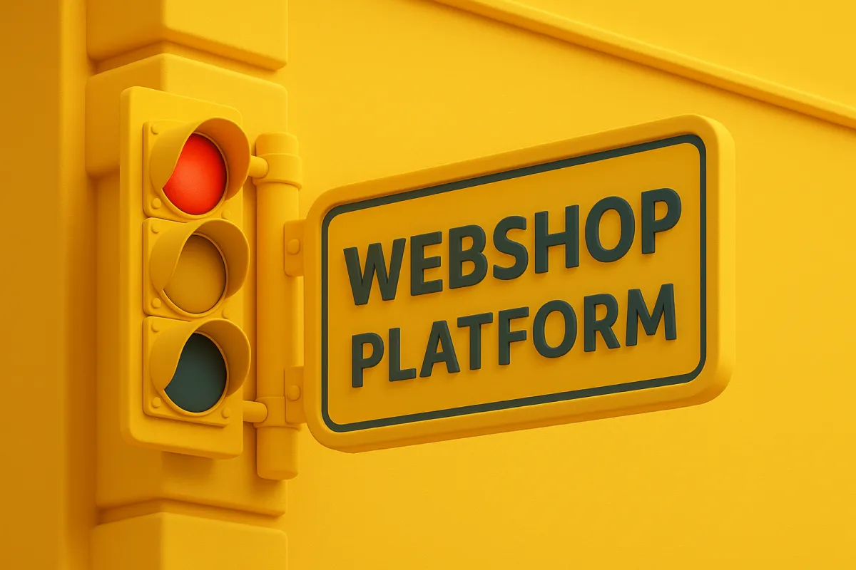 Stop licht met straatbord met tekst 'webshop platform' in het geel