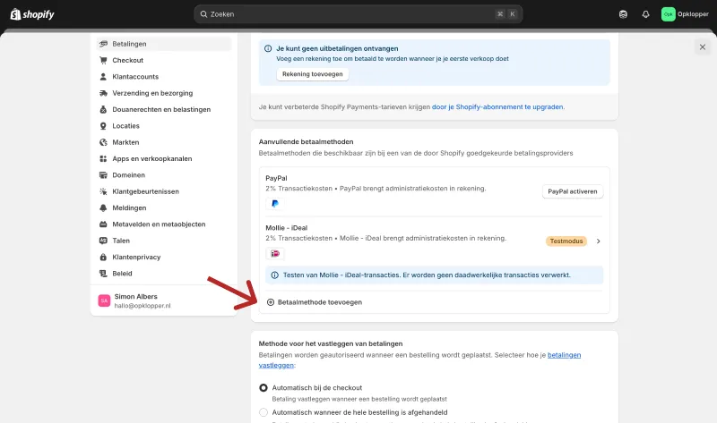 Printscreen van locatie om betaalmethodes toe te voegen