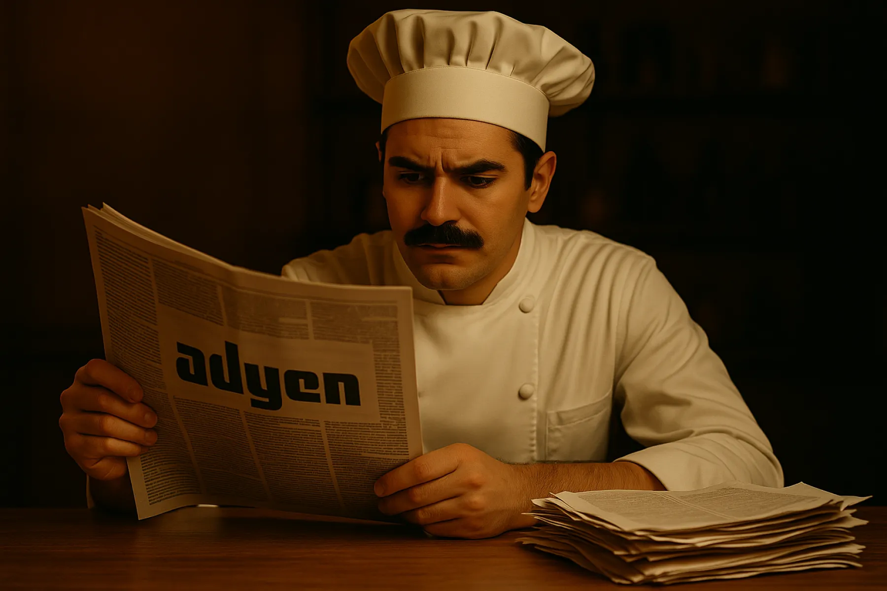 Chef leest krant met Adyen-logo over nieuwe Shopify-regels van 2025