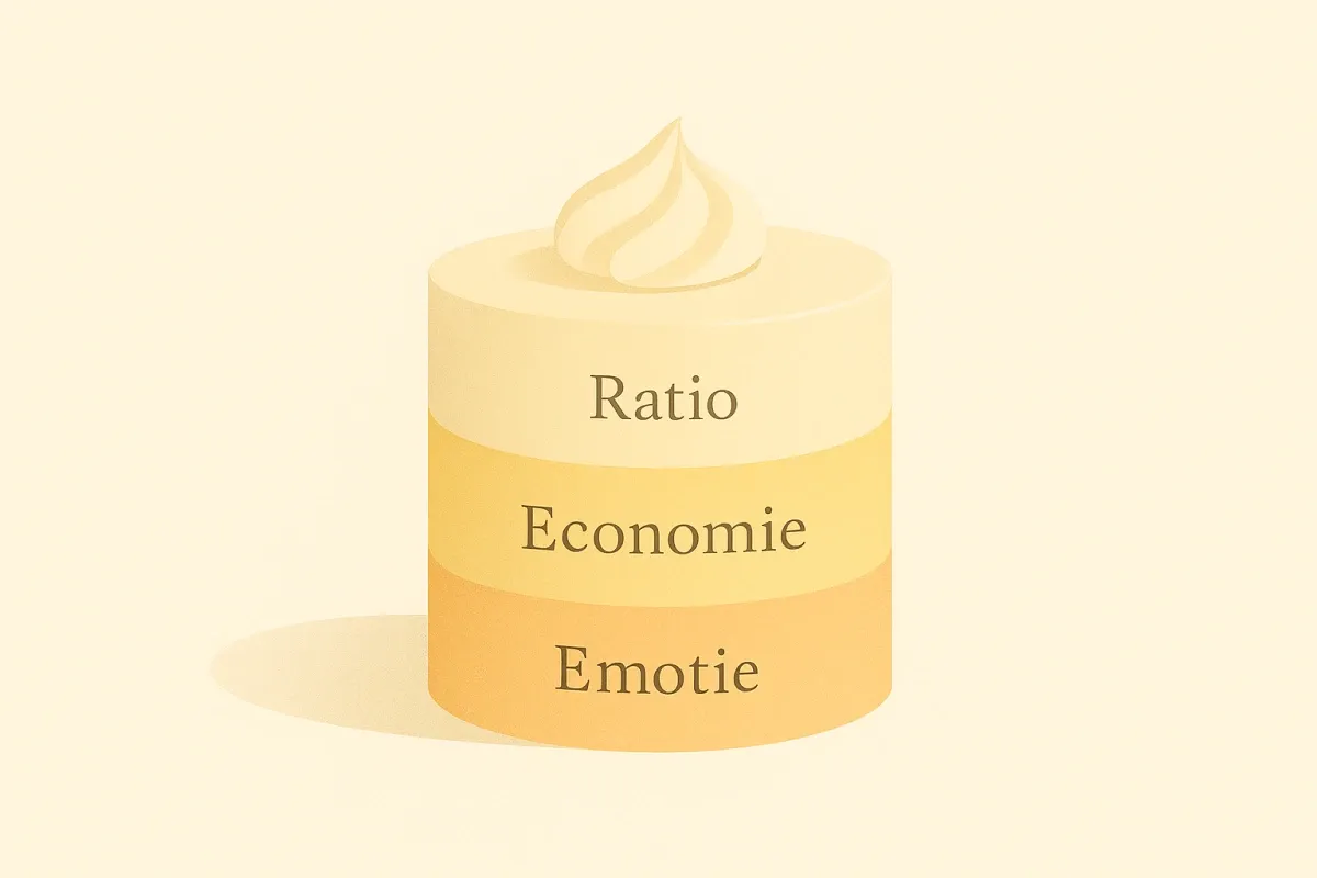 Illustratie van taart met drie lagen, tekst per laag: 'Ratio', 'Economie', 'Emotie'