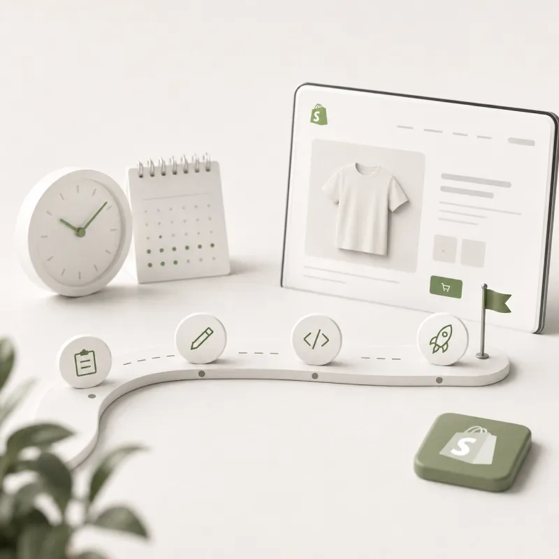 Minimalistische 3D-visualisatie van de doorlooptijd en het ontwikkeltraject van een Shopify e-commerce platform, met een klok, kalender en een kronkelende roadmap die de fases van kick-off, UX design, Liquid development en lancering weergeeft.