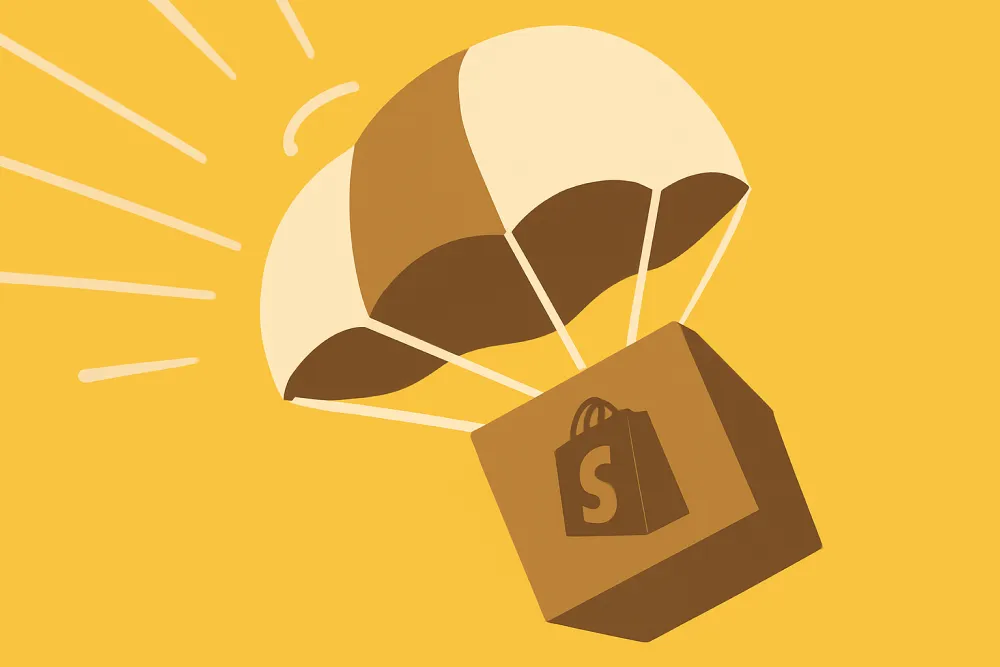 kartonnen doos aan parachute met shopify logo