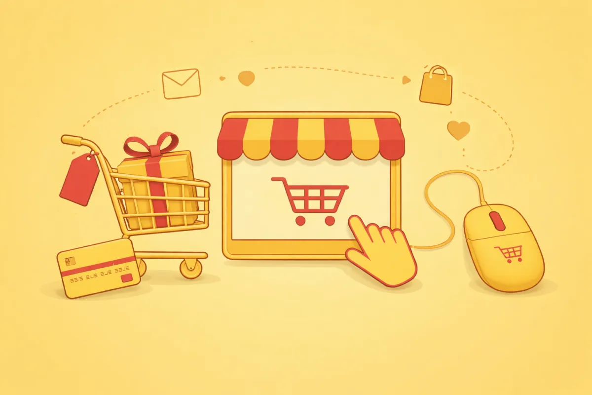 Illsutratie met alle componenten van e-commerce weergegeven 