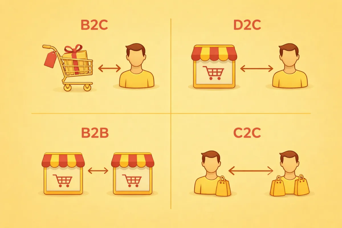 Illustratie met de vier belangrijkste e-commerce business modellen: B2C, D2C, B2B en C2C.