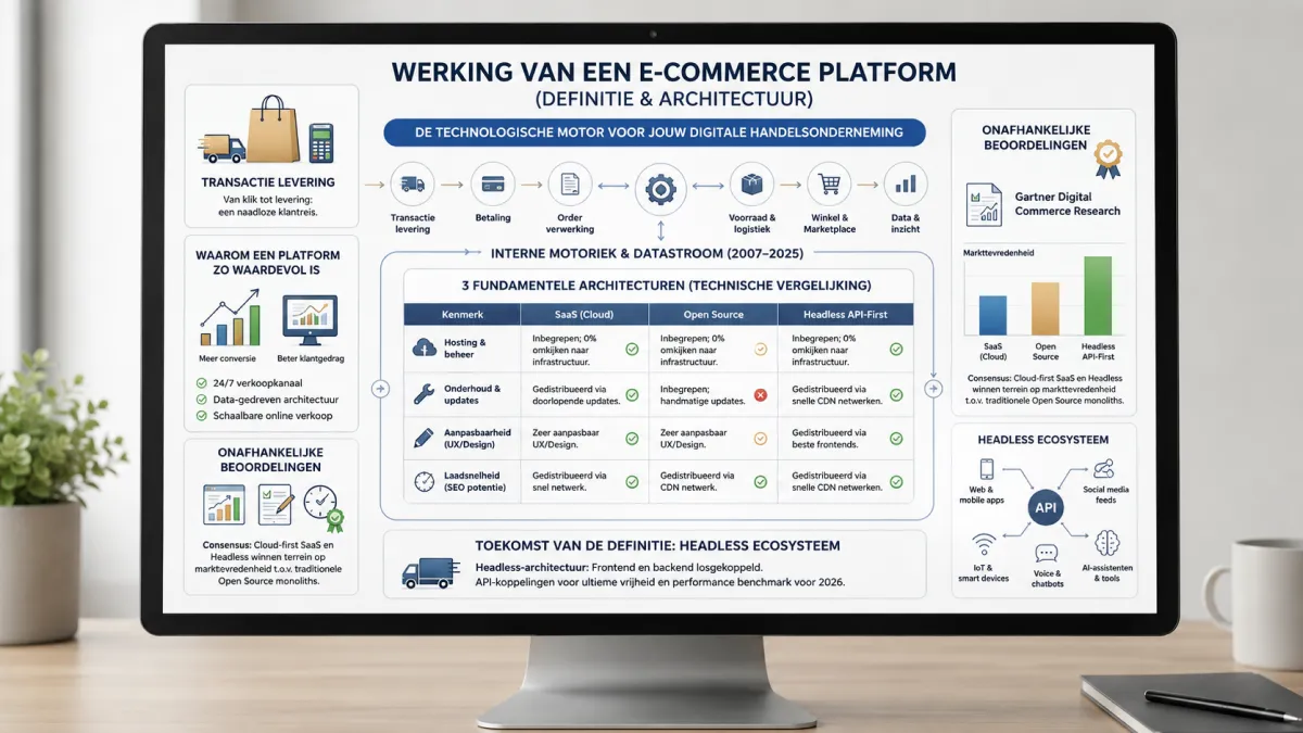 Gedetailleerde infographic met de titel: Werking van een e-commerce platform (Definitie & Architectuur). Het toont de technische motoriek van een transactie-omgeving, inclusief een vergelijkingstabel van SaaS, Open Source en Headless architecturen
