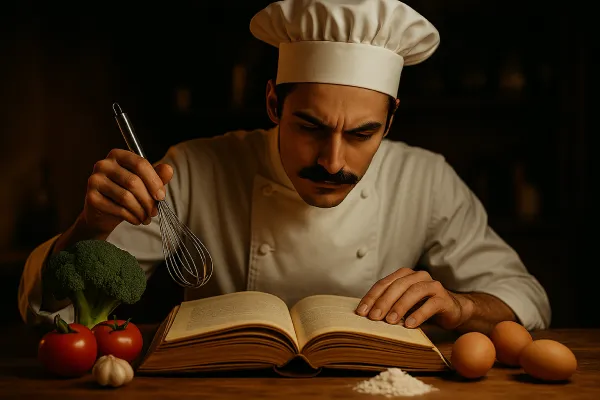 Een chef met witte hoed en opklopper in zijn hand dat in een receptboek kijkt 