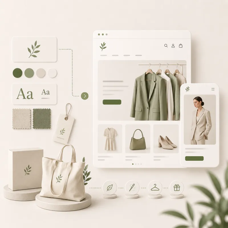 Een complete fashion branding integratie en custom Shopify kleding webshop mockup, tonen van logo-ontwerp, kleurenpaletten, verpakkingen en een mobile-first design voor een online kledingkast.