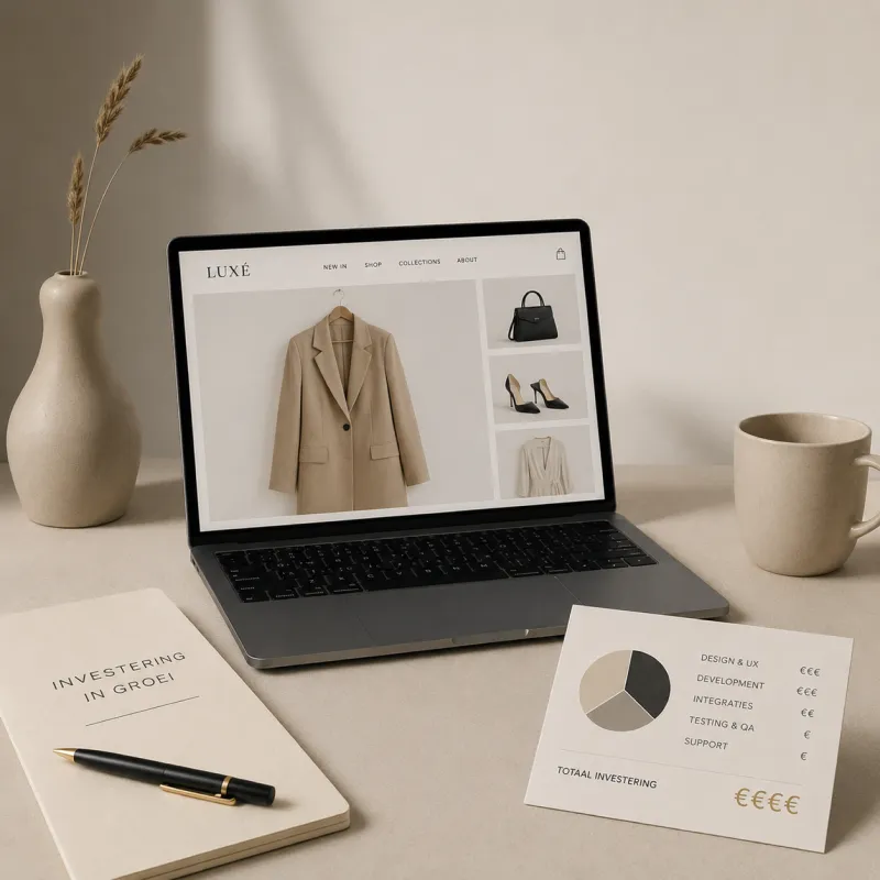 Sfeervolle weergave van een laptop met een high-end custom fashion webshop design, gefotografeerd naast een notitieboek met de tekst 'Investering in groei' en een transparant kostenoverzicht voor design, development en integraties.