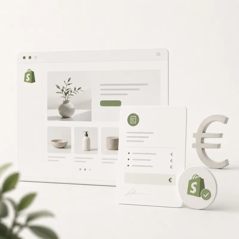 Een minimalistische 3D-infographic die de kosten van een maatwerk Shopify webshop toont, inclusief een overzichtelijke tarievenkaart met eurotekens, een browser-interface met productafbeeldingen en een groene Shopify Plus Partner verificatiebadge