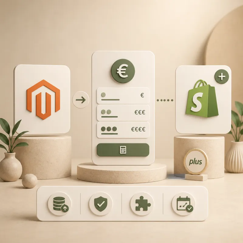 3D weergave van de prijsstructuur en kosten voor een Magento naar Shopify Plus migratie, weergegeven in drie duidelijke investeringsfases door bureau Opklopper.