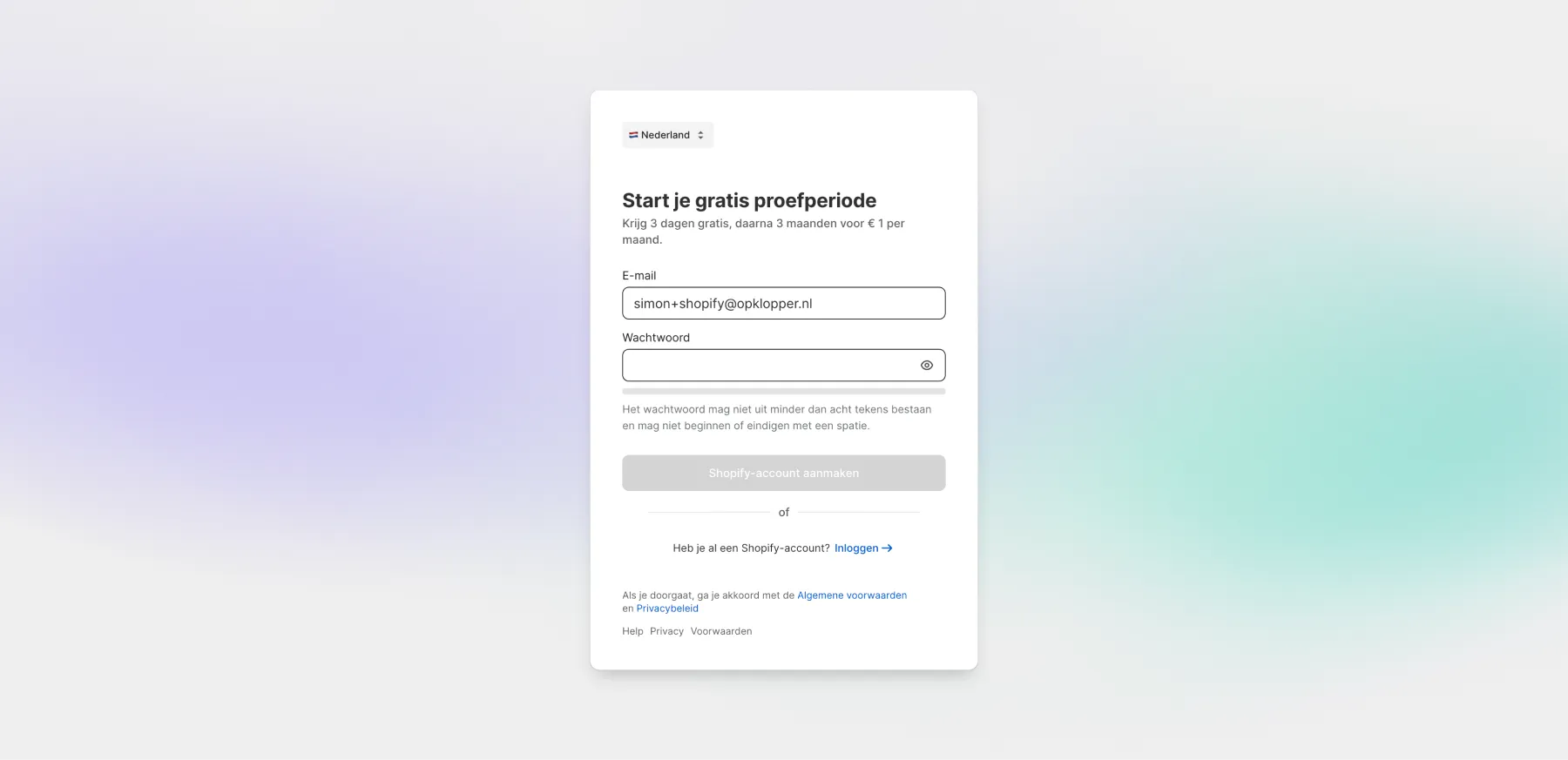 Printscreen van account aanmaken Shopify