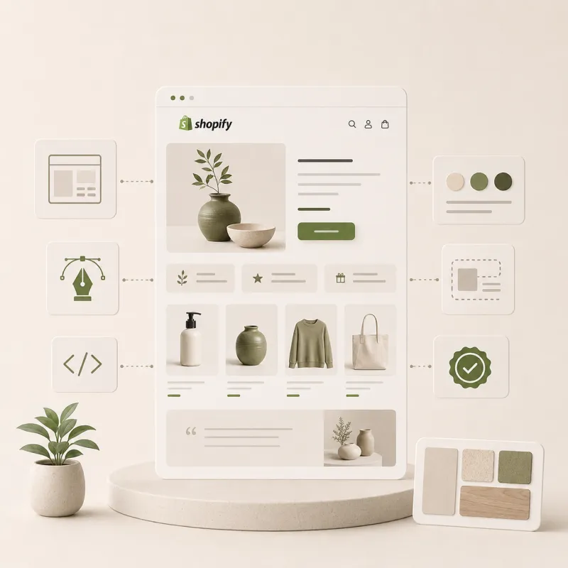 Visuele weergave van een maatwerk Shopify webshop ontwikkeling, met focus op custom Liquid-code, uniek UI/UX design en robuuste integraties.