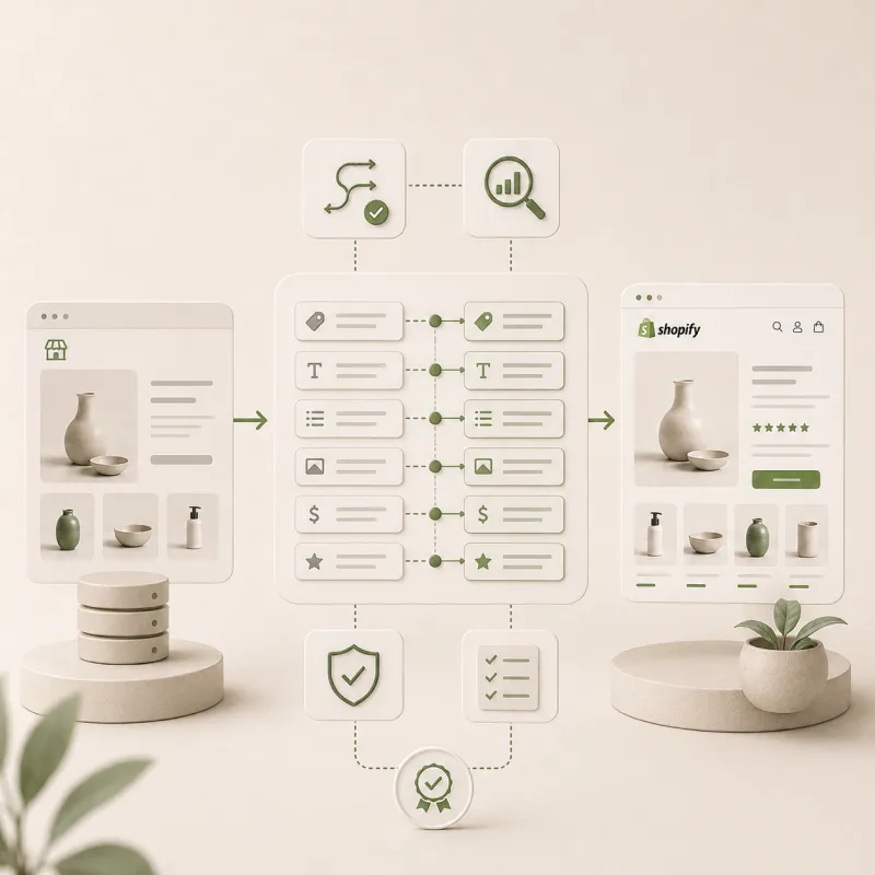 3D diagram van het chirurgische datamapping proces en SEO-migratieplan tijdens een Magento naar Shopify overstap, ingericht door Shopify bureau Opklopper.