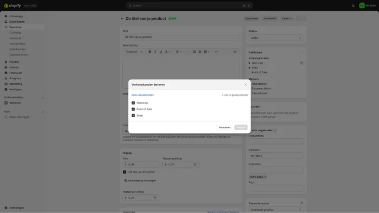 De pop-up interface voor verkoopkanaal-selectie
