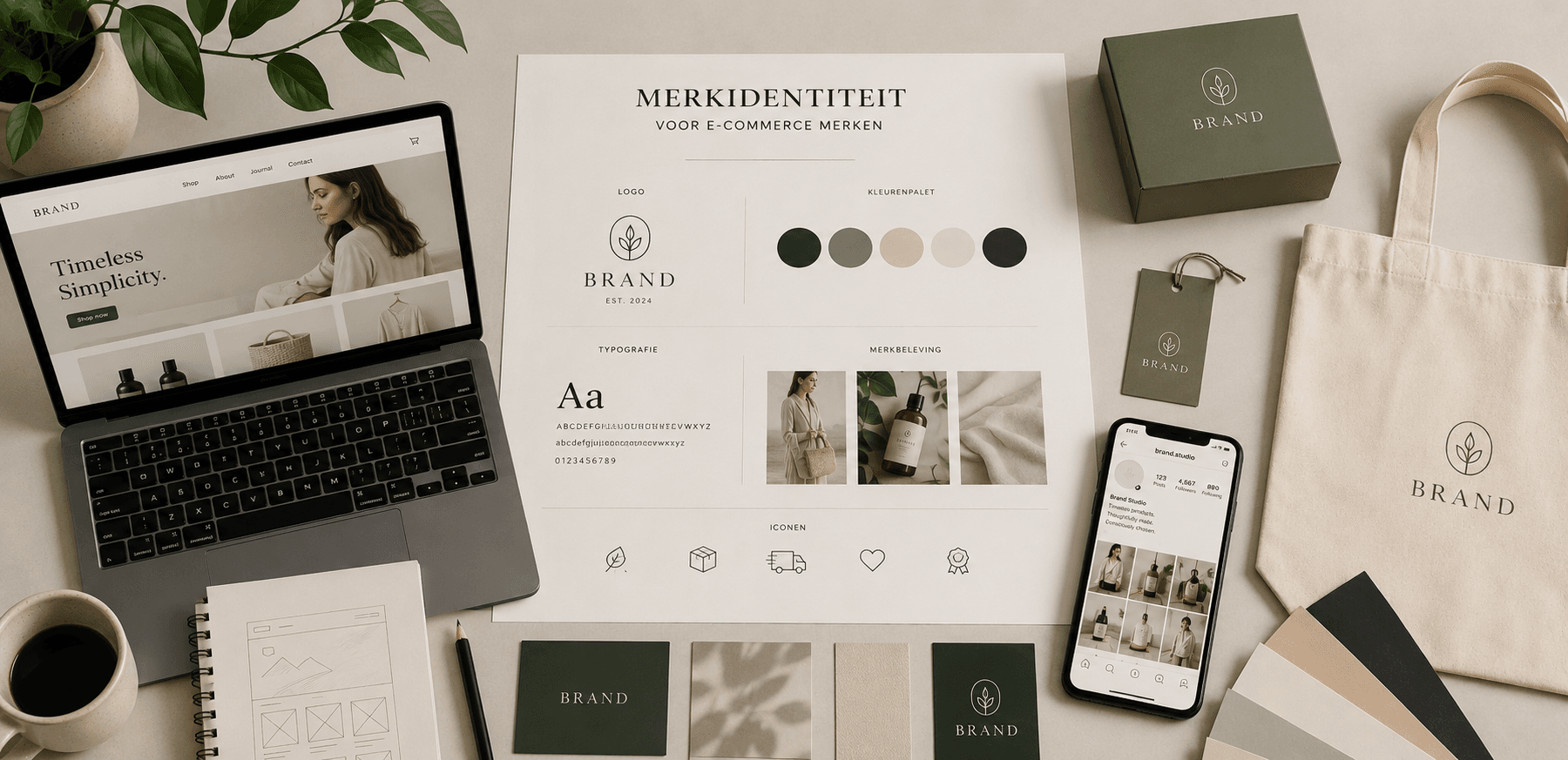 Overzicht van een complete merkidentiteit voor e-commerce merken met een brand book, logo, kleurenpalet, verpakking en een custom Shopify webshop design op een laptop.