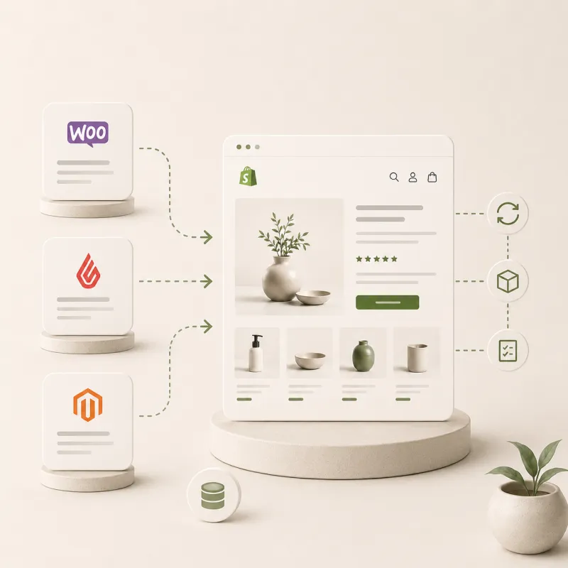 3D illustratie van een naadloze e-commerce platform migratie. Visuele weergave van de veilige data-overdracht vanuit WooCommerce, Lightspeed en Magento naar een geoptimaliseerde en gecentraliseerde Shopify webshop.