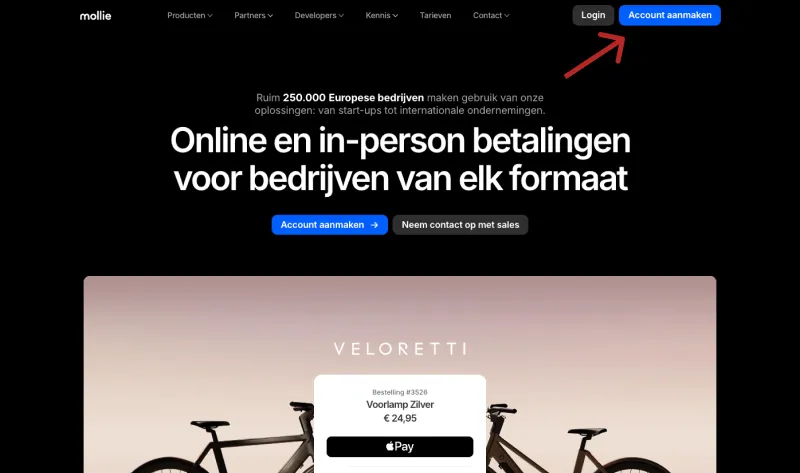 Mollie account aanmaken startscherm