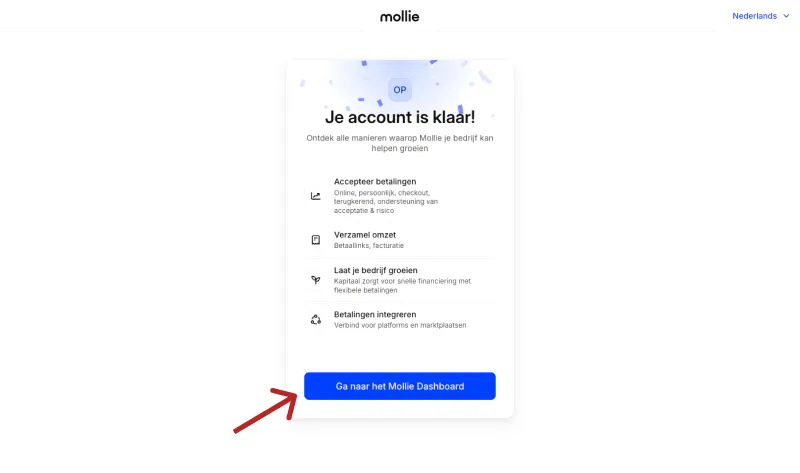 Bevestigingsscherm Mollie account gereed