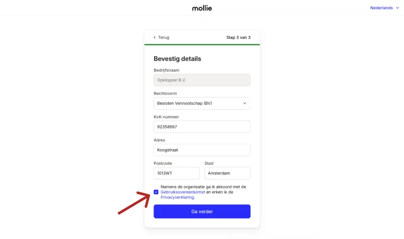 Overzicht en bevestiging bedrijfsgegevens in Mollie