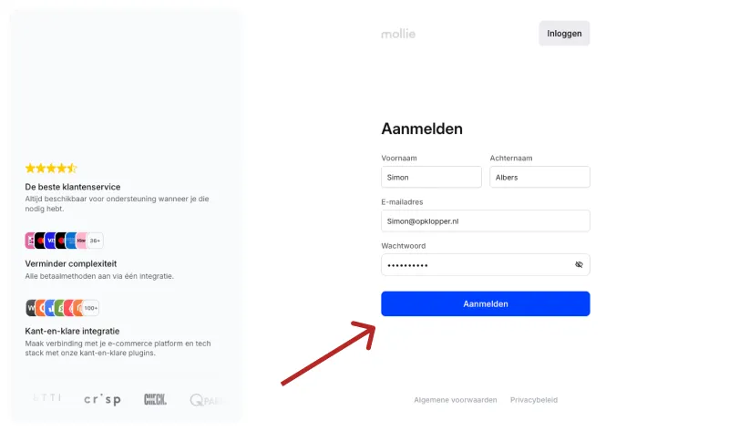 Registratieformulier persoonlijke gegevens Mollie