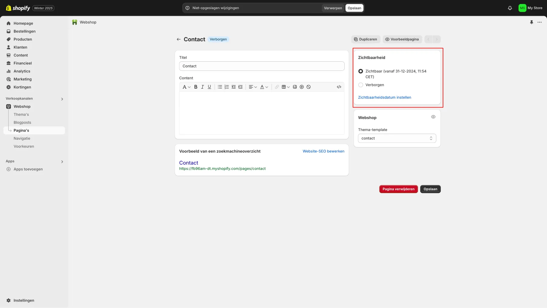 Uitleg hoe je pagina zichtbaar of onzichtbaar kan maken in Shopify