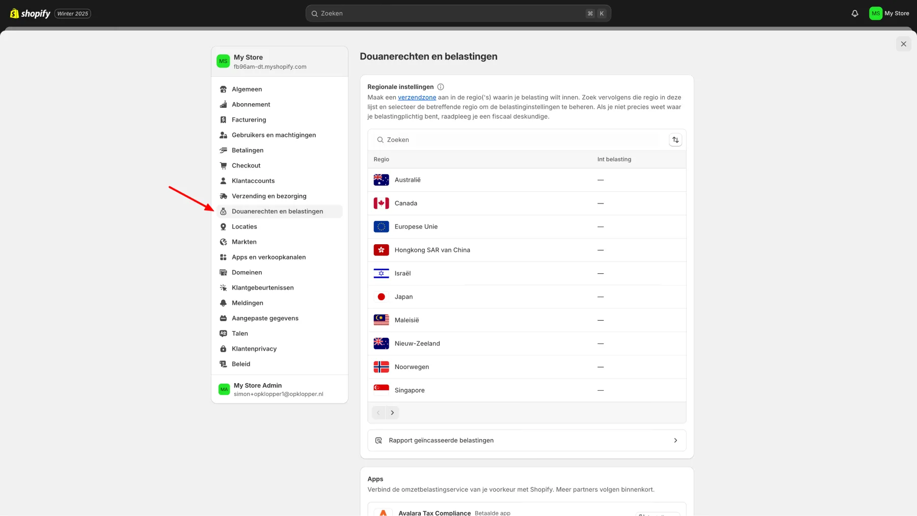 Printscreen met uitleg locatie Shopify douanerechten en belastingen