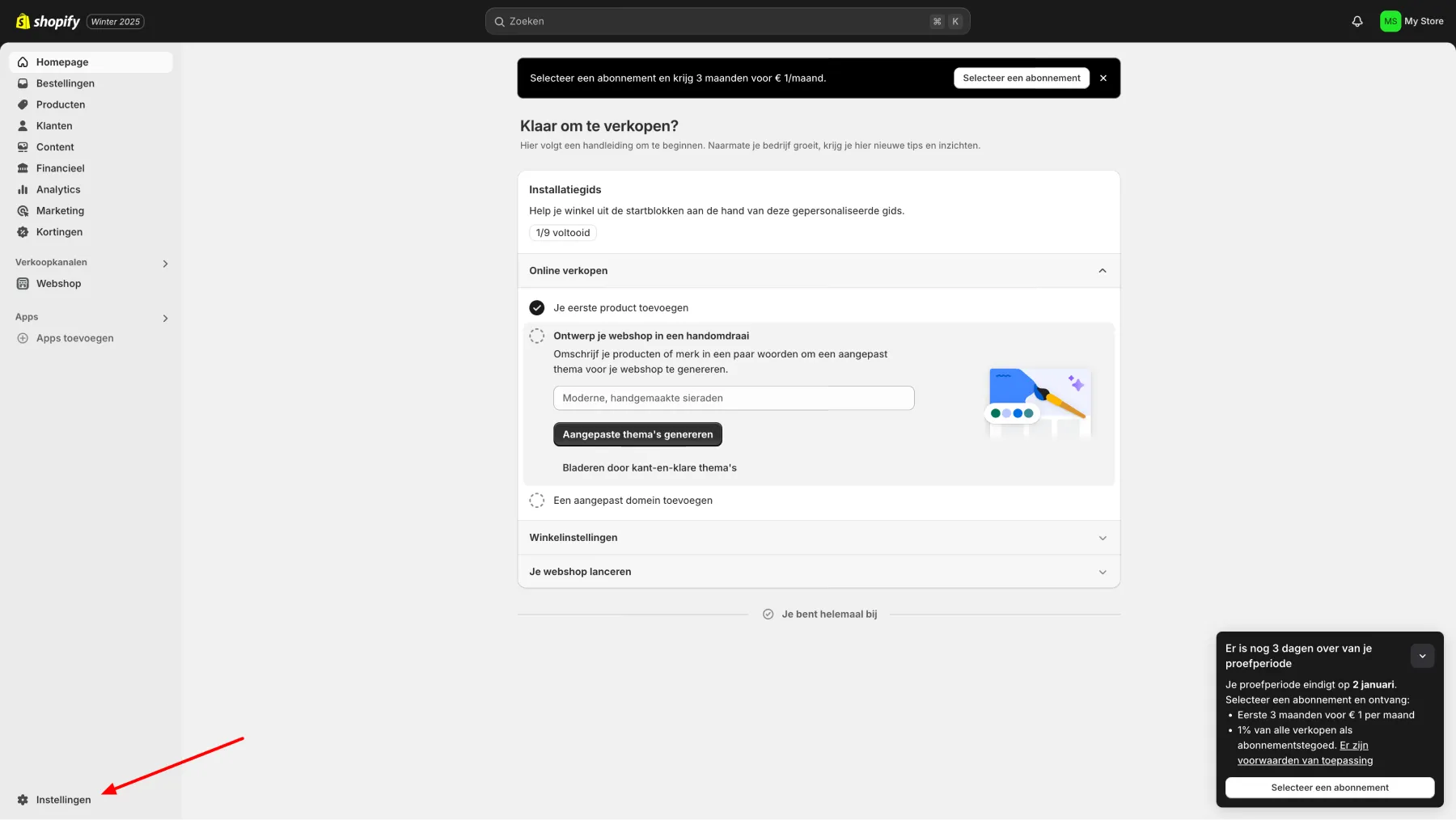 Beeld met uitleg waar instellingen staan van Shopify