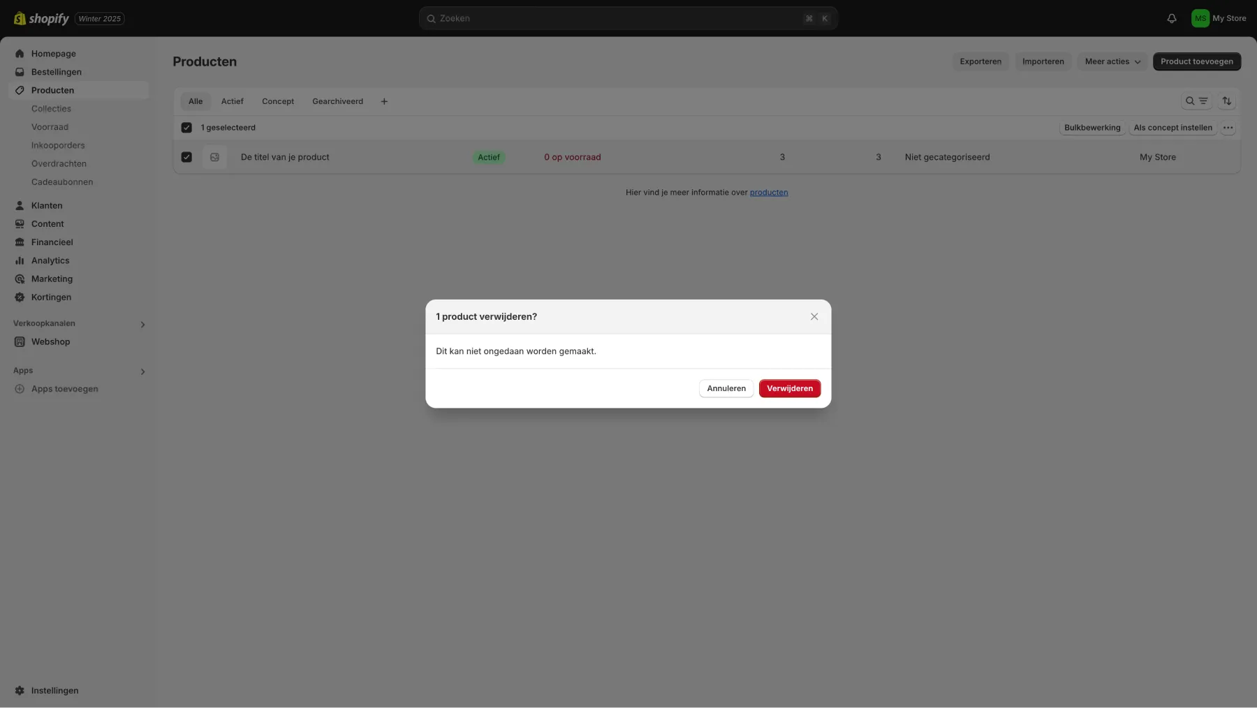 Stap om te bevestigen product verwijderen in Shopify