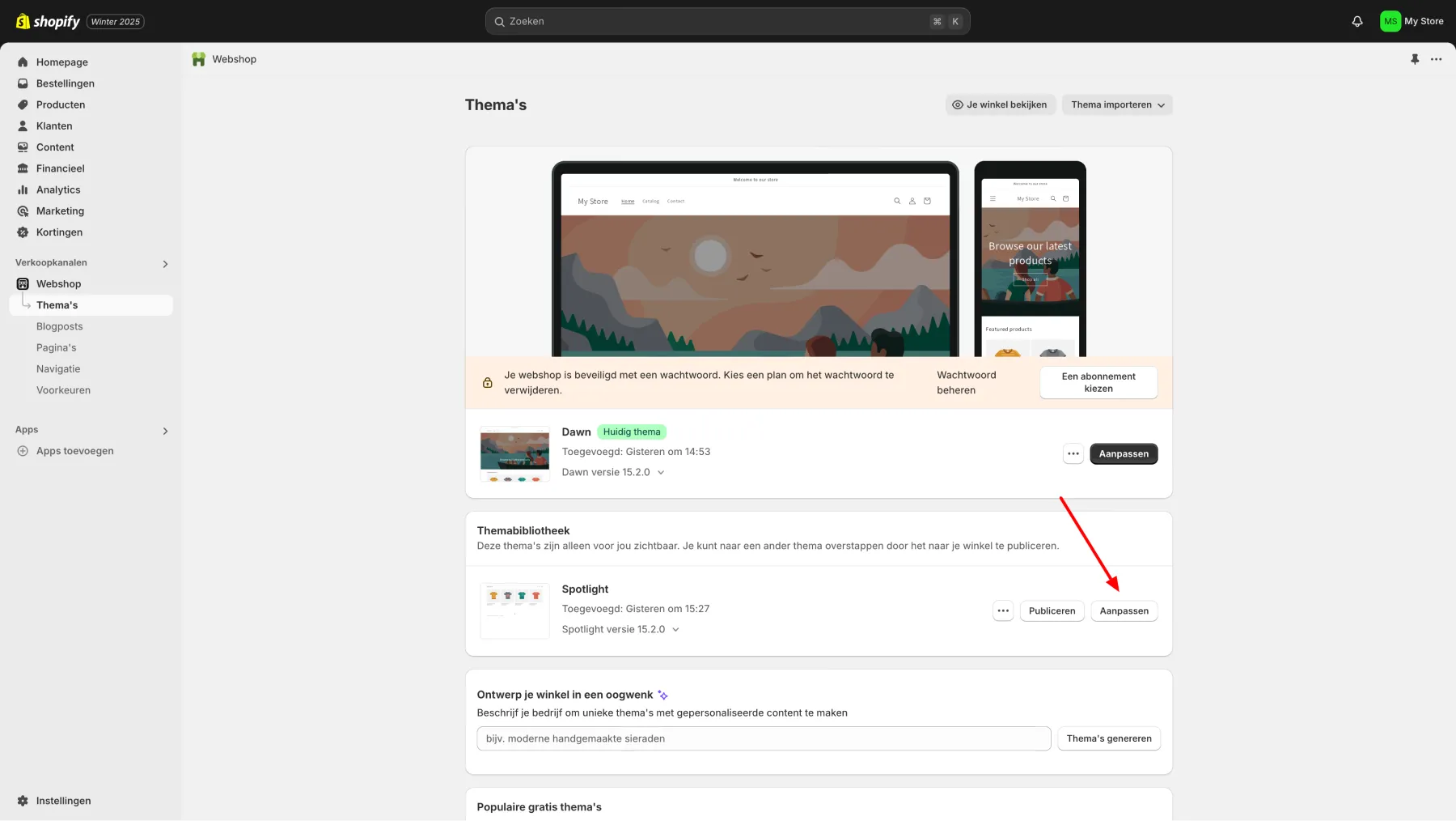 Printscreen met locatie thema aanpassen Shopify