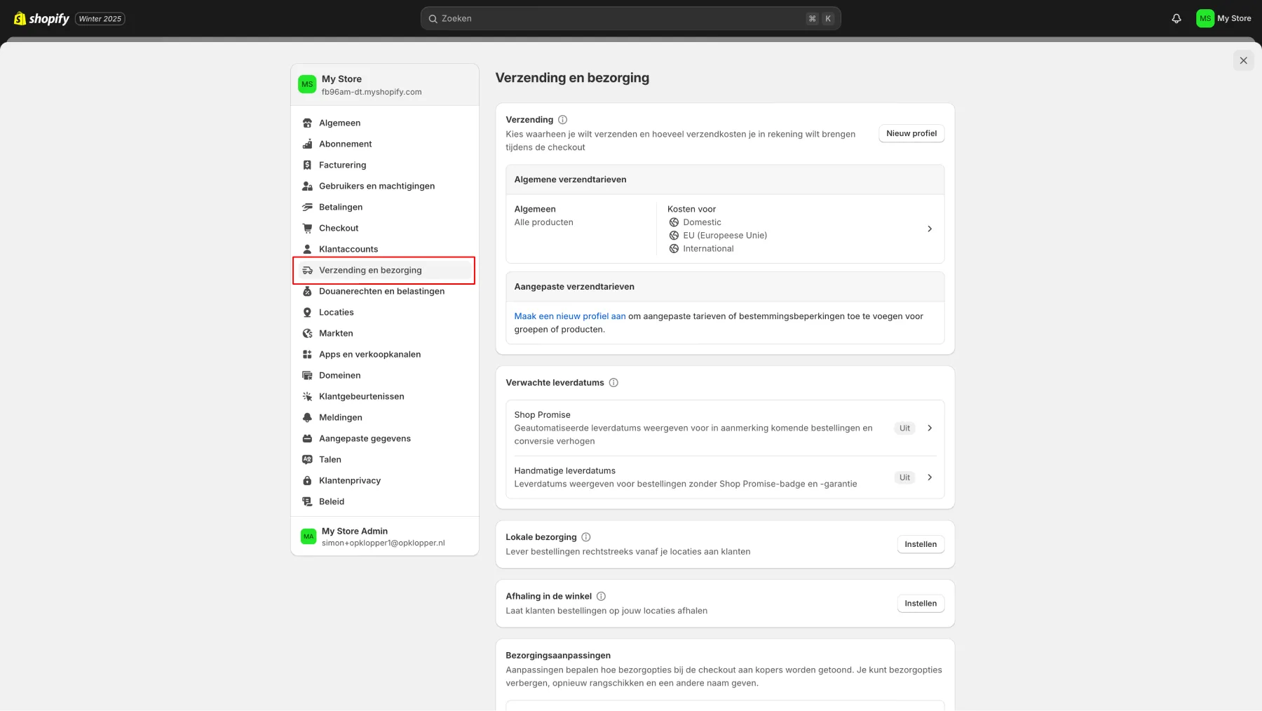 Printscreen met uitleg locatie van Verzending en bezorging in Shopify