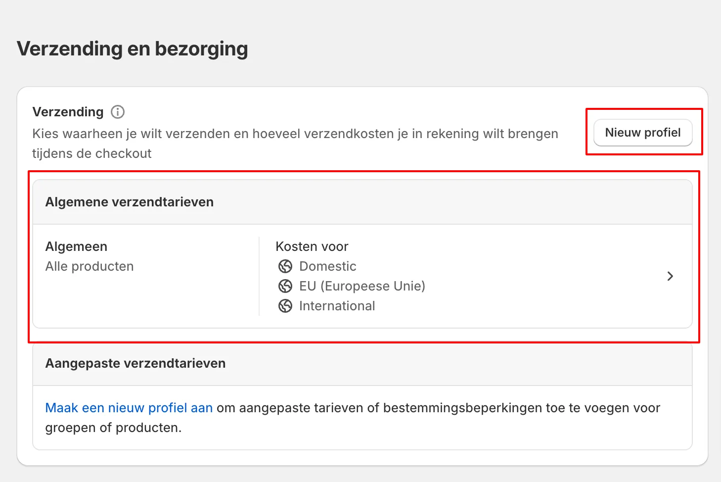Printscreen met locatie van profiel verzending en bezorging