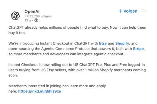 Screenshot van LinkedIn-post van OpenAI waarin de lancering van ChatGPT Instant Checkout met Etsy, Shopify en Stripe wordt aangekondigd (29 september 2025)