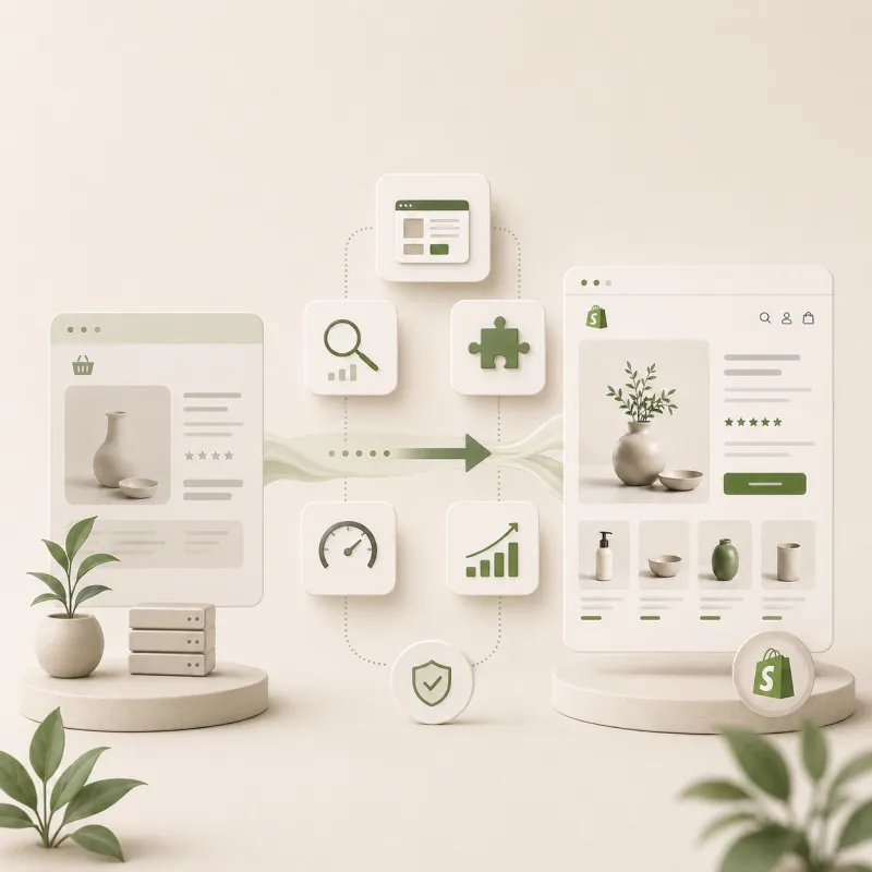 Conceptuele 3D-illustratie van e-commerce replatforming door Opklopper, waarin een verouderde database-structuur (links) wordt opgeschoond en omgezet naar een hoogwaardige Shopify-front-end (rechts).
