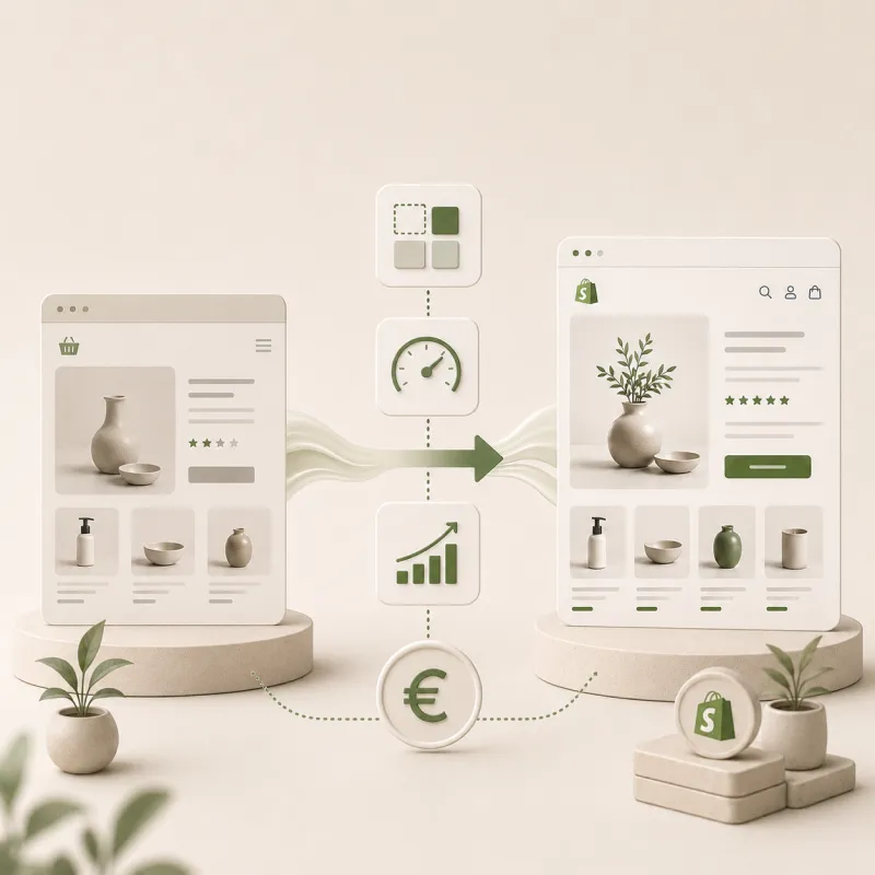 Minimalistisch 3D-diagram van een Shopify-migratie gecombineerd met een redesign door Opklopper. Het beeld toont de transformatie van een oude webshoplay-out (links) naar een conversiegericht design (rechts).