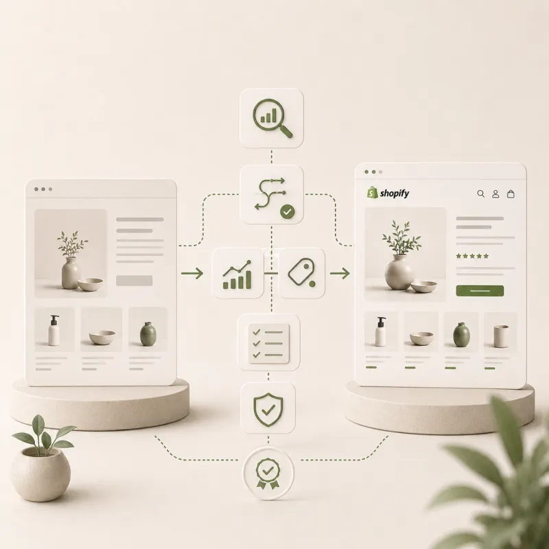 Visueel diagram van het Opklopper Shopify migratieprotocol, dat de overstap toont van een oude webshop (links) naar een geoptimaliseerde Shopify store (rechts) via 301-redirects, data mapping, trackingbehoud en een veiligheidscontrole.