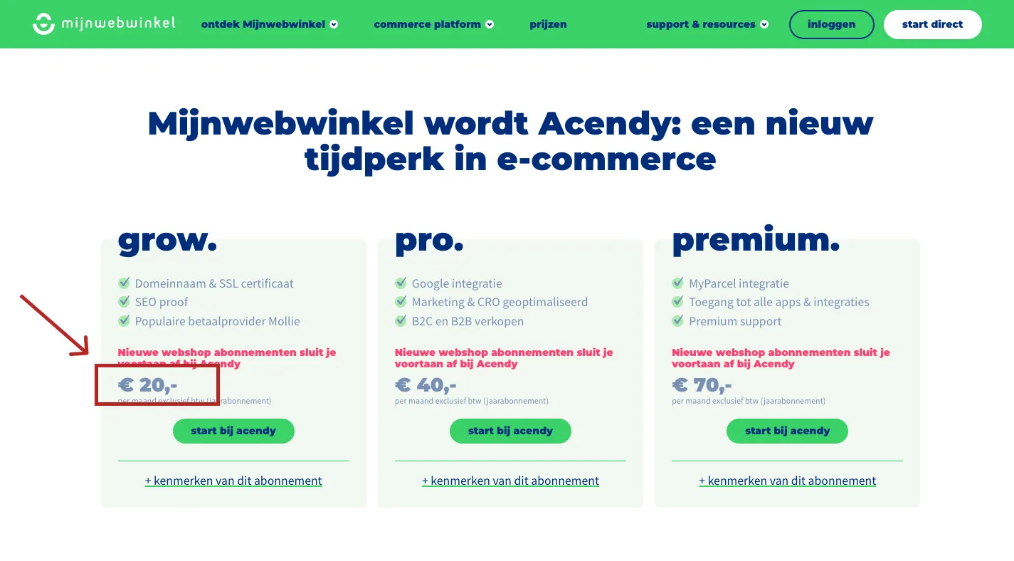 Verkeerde prijs Ascendy abonnement op website van Mijnwebwinkel (printscreen)