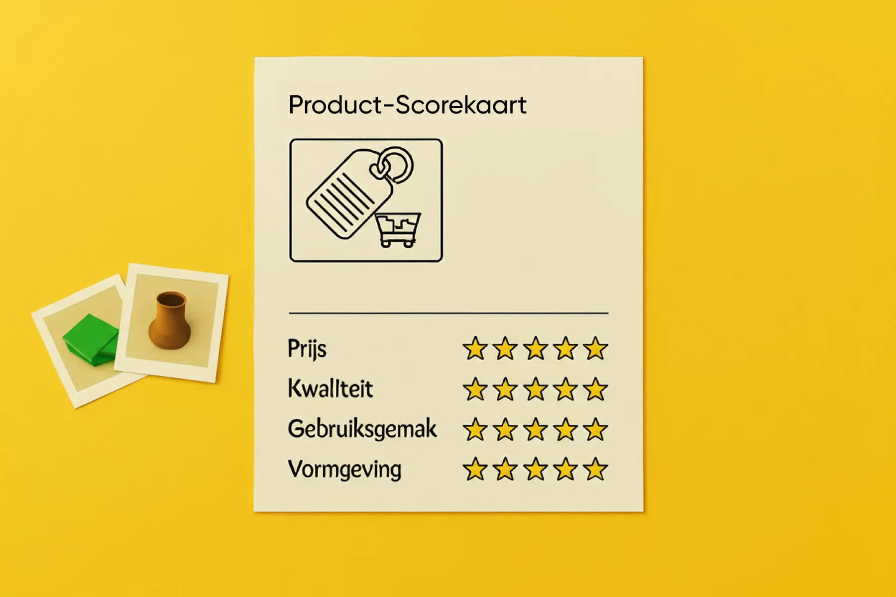 Visuele weergave van een e-commerce product scorekaart op een opvallende gele achtergrond.