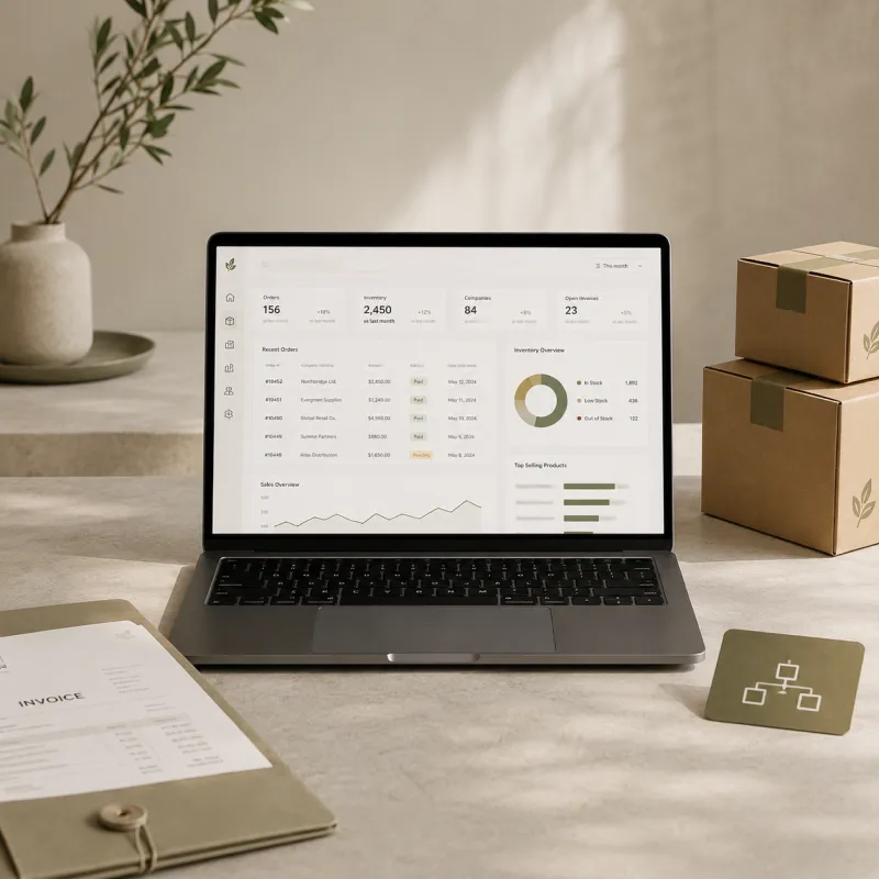 Laptop met e-commerce dashboard, factuur en verzenddozen, ter illustratie van naadloze ERP en WMS API-integraties voor B2B webshops in Shopify Plus door bureau Opklopper.